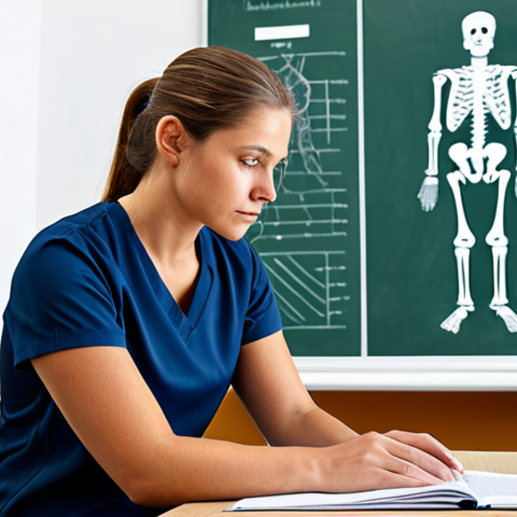 A dedicated professional female sports therapist, in modest, appropriate attire, deeply focused on studying human anatomy and physiology from a comprehensive textbook. She is surrounded by detailed anatomy charts and a well-formed skeleton model in a clean, well-lit classroom setting, emphasizing foundational education and commitment to professional standards. safe for work, appropriate content, fully clothed, professional, perfect anatomy, correct proportions, natural pose, well-formed hands, proper finger count, natural body proportions, professional photography, high resolution, realistic.