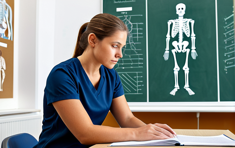 A dedicated professional female sports therapist, in modest, appropriate attire, deeply focused on studying human anatomy and physiology from a comprehensive textbook. She is surrounded by detailed anatomy charts and a well-formed skeleton model in a clean, well-lit classroom setting, emphasizing foundational education and commitment to professional standards. safe for work, appropriate content, fully clothed, professional, perfect anatomy, correct proportions, natural pose, well-formed hands, proper finger count, natural body proportions, professional photography, high resolution, realistic.