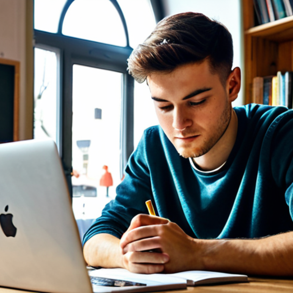 **

A focused male student, fully clothed in casual attire, studying at a wooden desk in a cozy cafe in Berlin. He's surrounded by textbooks and a laptop, with a half-empty "Apfelschorle" (apple spritzer) nearby. Sunlight streams through the window. Background features include bookshelves and other students studying. Safe for work, appropriate content, professional, modest, perfect anatomy, correct proportions, natural pose, well-formed hands, proper finger count, natural body proportions, high quality.

**