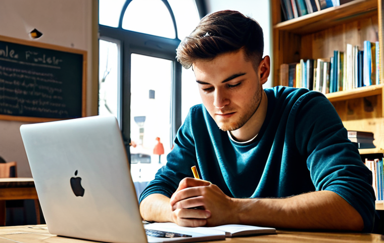 **

A focused male student, fully clothed in casual attire, studying at a wooden desk in a cozy cafe in Berlin. He's surrounded by textbooks and a laptop, with a half-empty "Apfelschorle" (apple spritzer) nearby. Sunlight streams through the window. Background features include bookshelves and other students studying. Safe for work, appropriate content, professional, modest, perfect anatomy, correct proportions, natural pose, well-formed hands, proper finger count, natural body proportions, high quality.

**