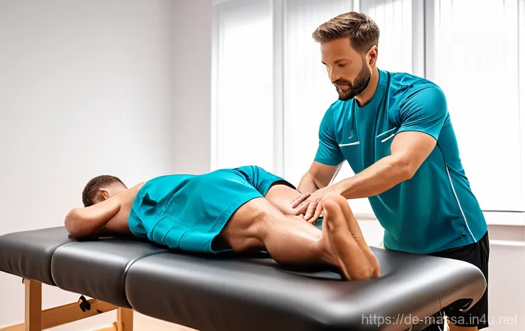 스포츠마사지사 수기 요법의 과학적 접근 - **Prompt 1: Focused Sports Massage Session**
    "A highly skilled German sports masseur, male, mid-...