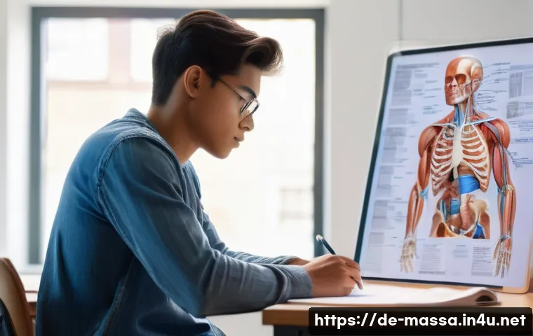 스포츠마사지사 취업 트렌드 - **Foundational Knowledge: Anatomy and Physiology Study**
    "A bright, modern classroom scene where...