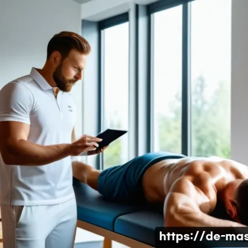 스포츠마사지사 창업 성공 전략 - A professional sports massage therapist clinic scene in Germany, featuring a modern treatment room w...