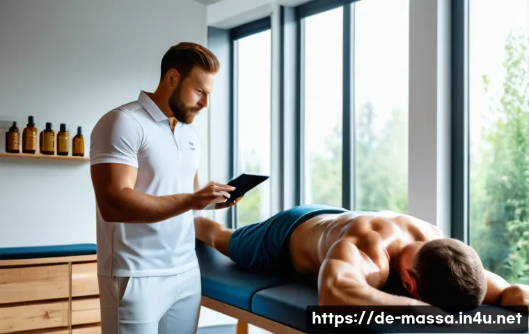 스포츠마사지사 창업 성공 전략 - A professional sports massage therapist clinic scene in Germany, featuring a modern treatment room w...