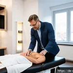 스포츠마사지사와 고객 사전 상담 요령 - A professional sports massage consultation scene set in a modern German wellness clinic, showing a m...