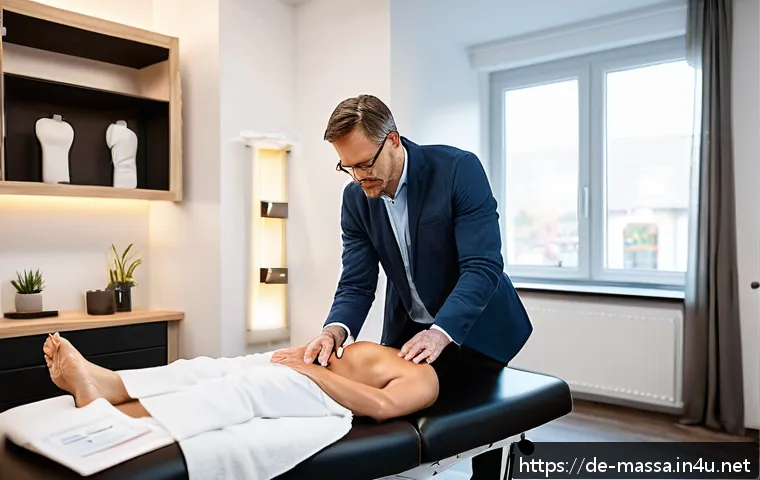 스포츠마사지사와 고객 사전 상담 요령 - A professional sports massage consultation scene set in a modern German wellness clinic, showing a m...