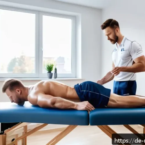 스포츠마사지사 사례 분석 - A professional sports massage session in a modern German physiotherapy clinic, showing a male athlet...