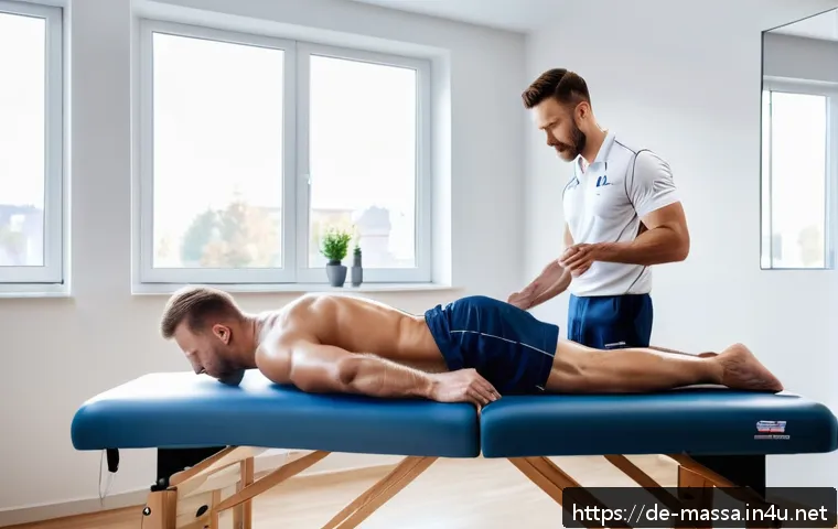 스포츠마사지사 사례 분석 - A professional sports massage session in a modern German physiotherapy clinic, showing a male athlet...