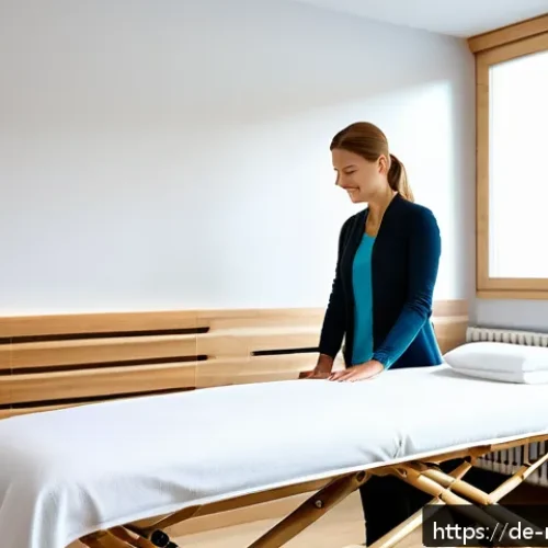 스포츠마사지사 고객 리뷰 관리 - A professional sports massage therapist&rsquo;s cozy treatment room in a modern German wellness clinic, wa...