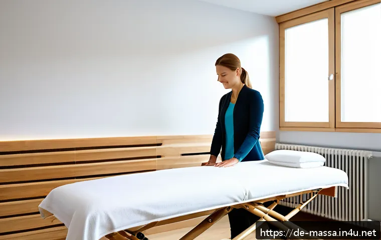 스포츠마사지사 고객 리뷰 관리 - A professional sports massage therapist&rsquo;s cozy treatment room in a modern German wellness clinic, wa...