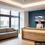 스포츠마사지사 고객 대기 시간 줄이기 - A modern sports massage studio reception area designed for efficiency and comfort, featuring a sleek...