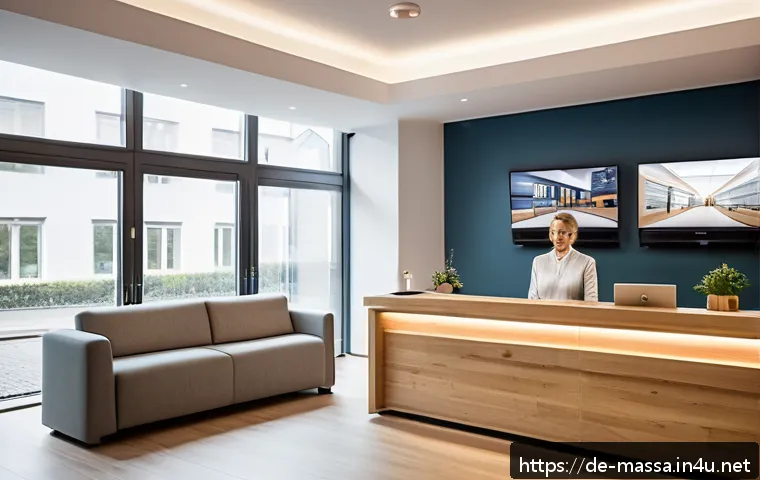 스포츠마사지사 고객 대기 시간 줄이기 - A modern sports massage studio reception area designed for efficiency and comfort, featuring a sleek...