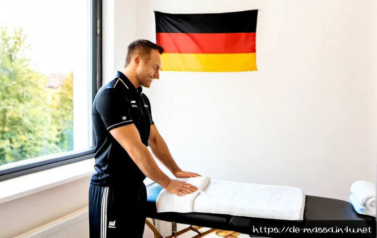 스포츠마사지사 창업 아이디어 - Photorealistic sports massage therapist startup studio in a modern German city, confident profession...