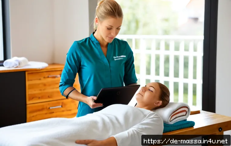 스포츠마사지사 리뷰 관리 요령 - Photorealistic sports massage therapist in a clean modern German wellness studio, seated at a tidy w...
