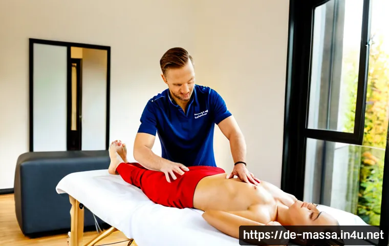 스포츠마사지사 실무 교육 사례 - Photorealistic practical training session for sports massage therapists in a modern German rehabilit...